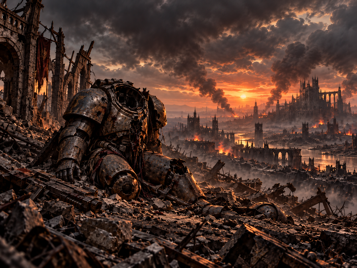 An empty, battle-damaged suit of power armor amid the ruins of a civilization at dusk.